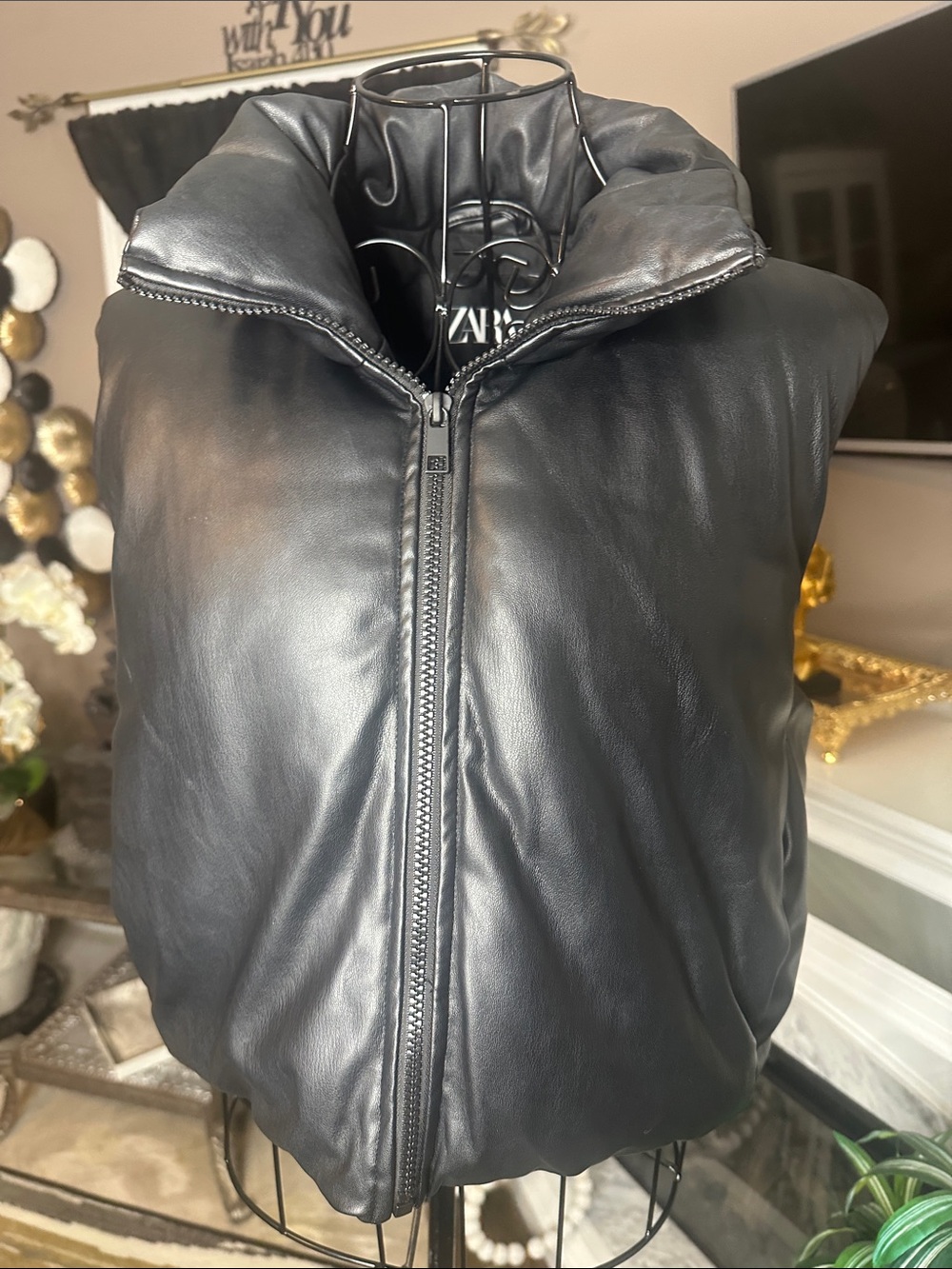 Zara Black Leather-Look Puffer Vest